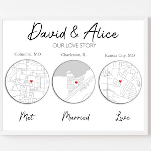 Our Love Story, Love story Poster, Where we met, where we got married, custom where we live poster, Anniversary Wedding Gift, our love story