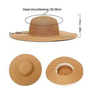 May include: A wide-brimmed, straw sun hat in a natural tan color. The hat has a head circumference of 21.6-22.8 inches, a brim width of 3.9 inches, and a height of 4.3 inches. The hat is shown from multiple angles.