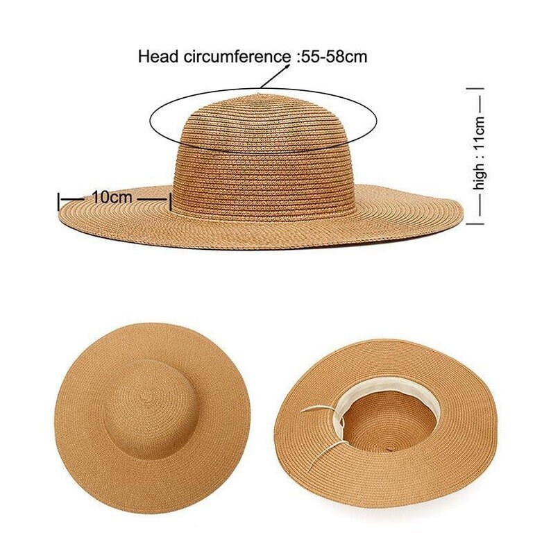 May include: A wide-brimmed, straw sun hat in a natural tan color. The hat has a head circumference of 21.6-22.8 inches, a brim width of 3.9 inches, and a height of 4.3 inches. The hat is shown from multiple angles.