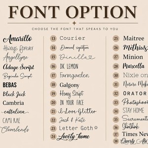 May include: Font option chart with 38 font choices, including Amarillo, Always Forever, and Angellyne. The text "Choose the font that speaks to you" is above the font list. The fonts are in a variety of styles, from script to bold.