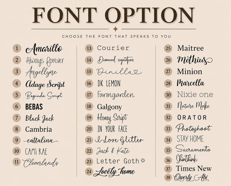 May include: Font option chart with 38 font choices, including Amarillo, Always Forever, and Angellyne. The text "Choose the font that speaks to you" is above the font list. The fonts are in a variety of styles, from script to bold.