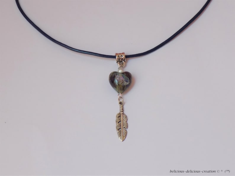 HEART OF GLASS blue glass bead leather long 42.5 cm during belicious delicious creation Original necklace man