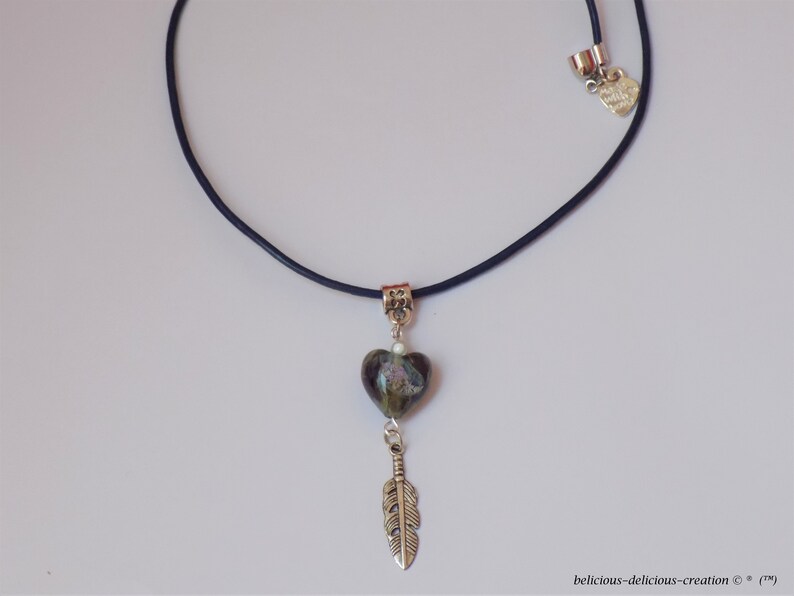 HEART OF GLASS blue glass bead leather long 42.5 cm during belicious delicious creation Original necklace man