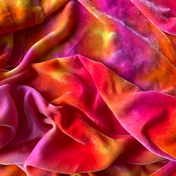 Pink & Citrus Hand-dyed Silk Velvet | Fabric Panel | nuno felting | velvet for sewing projects | ombré velvet | artisan fabric