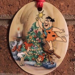 The Flintstones Fred Wilma & Pebbles Flintstone Aluminum Christmas Ornament Vintage Style Hanna Barbera