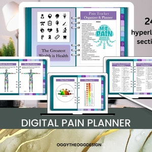 Peut inclure: Planificateur numérique de la douleur avec 24 sections hyperliées. Le planificateur comprend des sections pour les détails personnels, les antécédents médicaux, les problèmes de santé, les tableaux de la douleur, etc. Le texte "The Greatest Wealth is Health" est visible. Conçu par OGGYTHEOGGDESIGN.