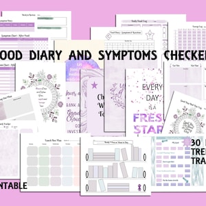 May include: A collection of 20 printable pages for a food diary and symptoms checker. The pages feature a soft purple color scheme with various layouts for tracking food intake, symptoms, and daily logs. Includes text: "Food Diary and Symptoms Checker".