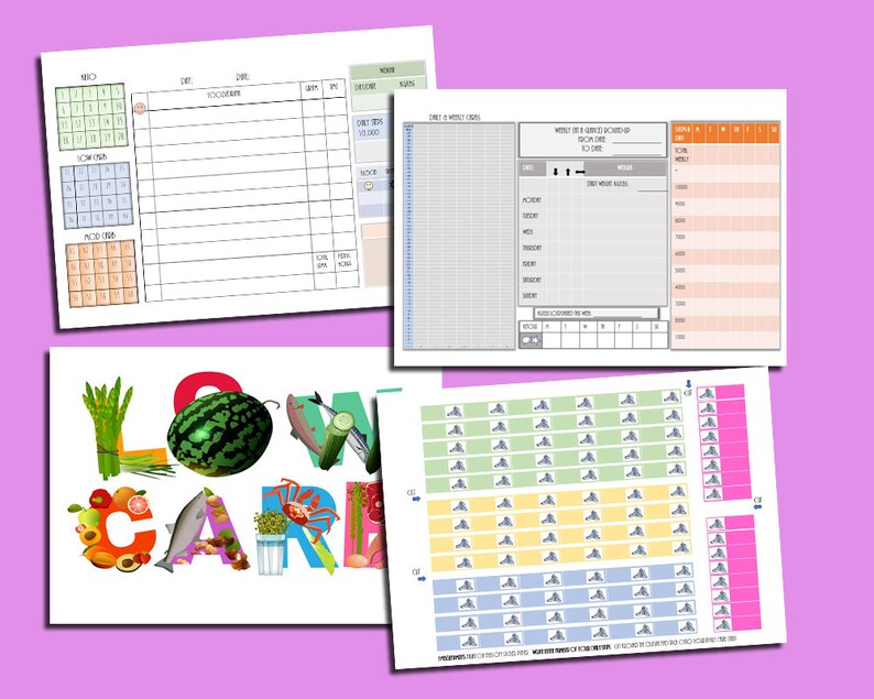 May include: A printable low carb diet planner with a colorful illustration of the word "LOW CARB" made of vegetables and fruits. The planner includes a weekly meal tracker, a grocery list, and a daily food log.