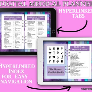 Peut inclure: Planificateur médical numérique avec des onglets et un index hyperliés pour une navigation facile. Le planificateur comprend des sections pour le suivi des détails de santé, des symptômes de maladies invisibles, et plus encore. La couverture présente un design aquarelle violet et bleu avec le texte "La plus grande richesse est la santé".