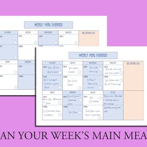 May include: A printable weekly meal planner with a light blue and peach background. The planner has sections for Monday through Thursday with space to write in meals for lunch and dinner. There are also sections for a shopping list.
