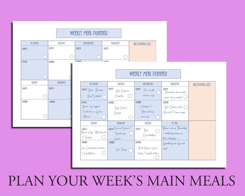 May include: A printable weekly meal planner with a light blue and peach background. The planner has sections for Monday through Thursday with space to write in meals for lunch and dinner. There are also sections for a shopping list.