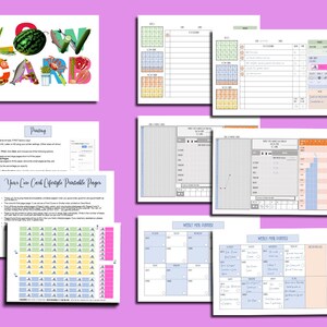 May include: Printable pages for a low carb lifestyle. The pages include a calendar, a food journal, a meal planner, and a tracker for weekly food portions. The pages are designed to help people manage their weight and improve their health.