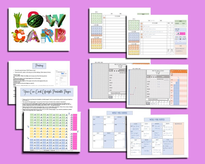 May include: Printable pages for a low carb lifestyle. The pages include a calendar, a food journal, a meal planner, and a tracker for weekly food portions. The pages are designed to help people manage their weight and improve their health.