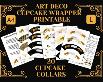 DIY PARTY PRINTABLE Cupcake Wrappers: Art Deco Theme; Vintage Cupcake Sleeves; Baby Shower; Birthday; Gold, Whaite & Black; Instant Download