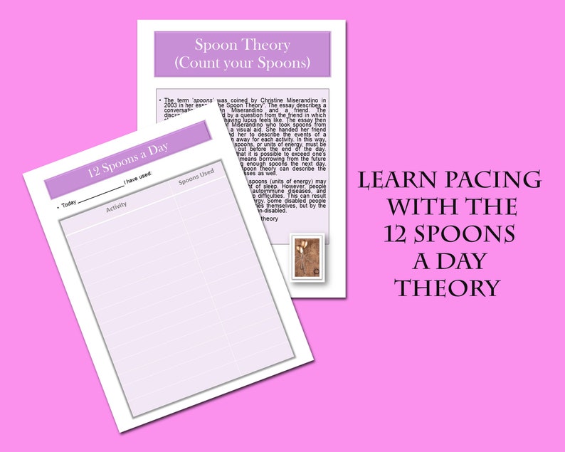 May include: A printable worksheet titled "12 Spoons a Day" with a table to track daily activities and spoons used. The worksheet is part of a larger document titled "Spoon Theory (Count your Spoons)" which explains the concept of spoons as a unit of energy for people with chronic illnesses. The document also includes the text "LEARN PACING WITH THE 12 SPOONS A DAY THEORY".