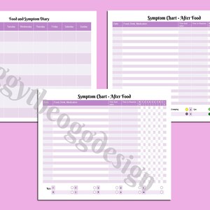 May include: Three printable food and symptom diary charts in shades of purple and white. The charts include sections for tracking meals, symptoms, and notes. The text "Food and Symptom Diary" and "Symptom Chart - After Food" are visible.