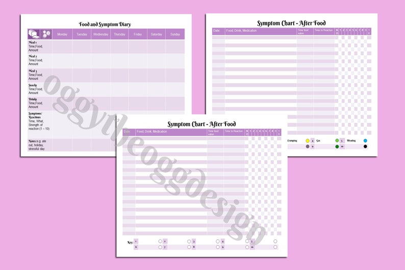 May include: Three printable food and symptom diary charts in shades of purple and white. The charts include sections for tracking meals, symptoms, and notes. The text "Food and Symptom Diary" and "Symptom Chart - After Food" are visible.