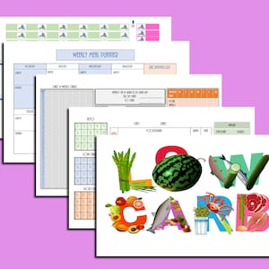 May include: A printable low carb meal planner with a colorful illustration of the word "LOW CARB" made of various fruits, vegetables, and seafood. The planner includes sections for weekly meal planning, shopping lists, and a daily food diary.