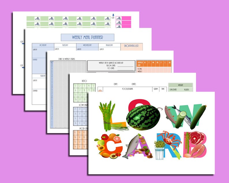 May include: A printable low carb meal planner with a colorful illustration of the word "LOW CARB" made of various fruits, vegetables, and seafood. The planner includes sections for weekly meal planning, shopping lists, and a daily food diary.