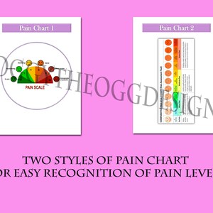 May include: Two pain charts for easy recognition of pain levels. The first chart is a circular scale with a smiley face at the top and a frowning face at the bottom. The second chart is a linear scale with a series of smiley faces representing different levels of pain.