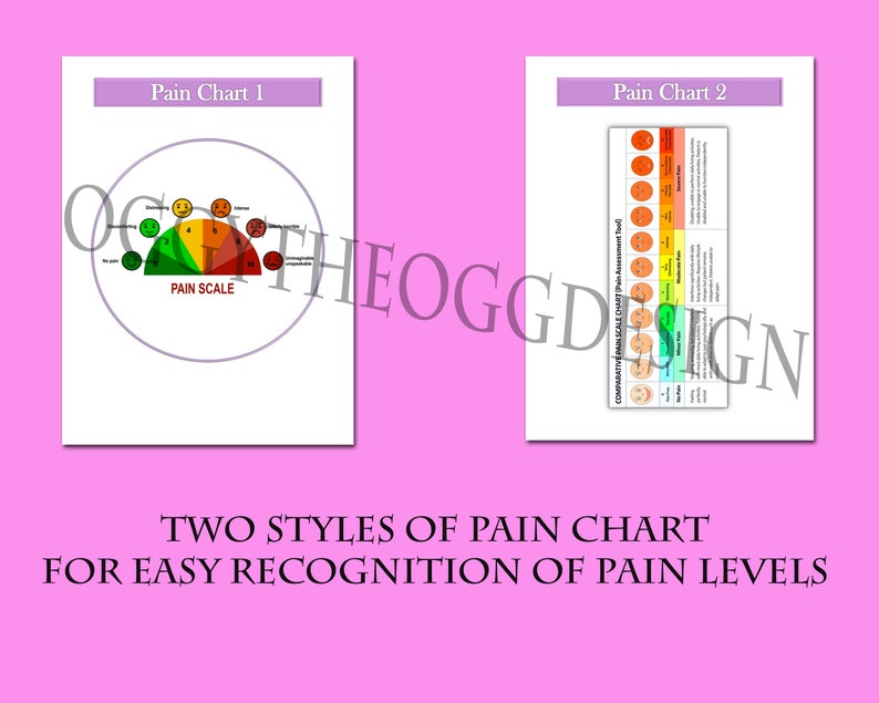May include: Two pain charts for easy recognition of pain levels. The first chart is a circular scale with a smiley face at the top and a frowning face at the bottom. The second chart is a linear scale with a series of smiley faces representing different levels of pain.