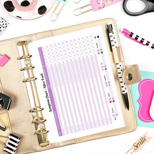 May include: A beige planner with a gold binder ring holds a symptom chart with purple stripes and the text "Symptom Chart - After Food." Other stationery items include pens, paper clips, and a pineapple-shaped sticker.