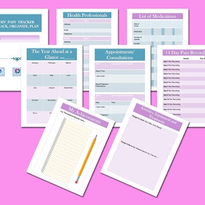 May include: A printable pain tracker journal with sections for tracking pain levels, medications, appointments, activities, and achievements. The journal has a light blue and purple color scheme.