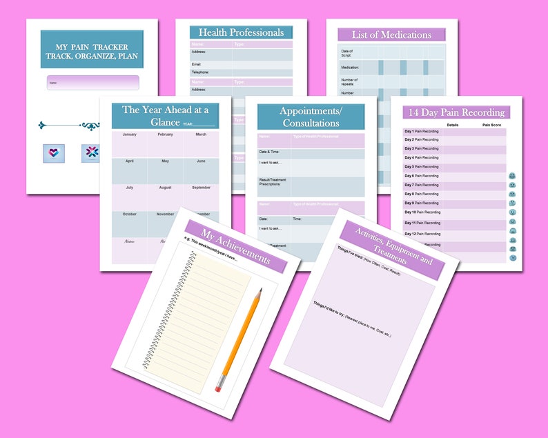May include: A printable pain tracker journal with sections for tracking pain levels, medications, appointments, activities, and achievements. The journal has a light blue and purple color scheme.