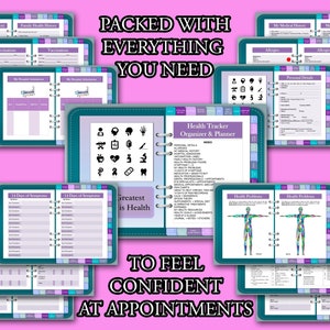 May include: A teal and purple binder with the text "PACKED WITH EVERYTHING YOU NEED TO FEEL CONFIDENT AT APPOINTMENTS" and a variety of health-related pages, including "Family Health History", "Vaccinations", "My Hospital Admissions", "14 Days of Symptoms", "My Medical History", "Allergies", "Personal Details", "Health Problems", and "Health Tracker Organizer & Planner".