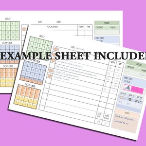 May include: A printable daily planner sheet with sections for food, exercise, mood, and notes. The sheet includes a grid for tracking carbohydrate intake, a section for daily steps, and a mood tracker with smiley faces.