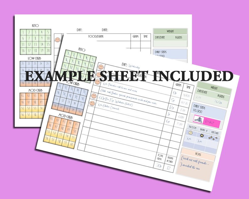 May include: A printable daily planner sheet with sections for food, exercise, mood, and notes. The sheet includes a grid for tracking carbohydrate intake, a section for daily steps, and a mood tracker with smiley faces.