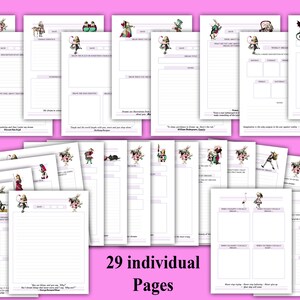 May include: A set of 29 printable journal pages featuring illustrations from Alice in Wonderland. Each page has a different illustration and a quote from the book. The pages are designed for journaling, note-taking, and creative writing.