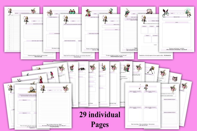 May include: A set of 29 printable journal pages featuring illustrations from Alice in Wonderland. Each page has a different illustration and a quote from the book. The pages are designed for journaling, note-taking, and creative writing.