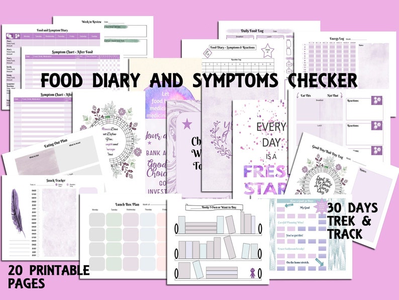 May include: A collection of 20 printable pages for a food diary and symptoms checker. The pages feature a soft purple color scheme with various layouts for tracking food intake, symptoms, and daily logs. Includes text: "Food Diary and Symptoms Checker".