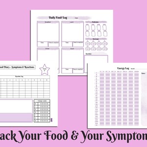 May include: Three printable pages with a light purple design for tracking food intake, symptoms, and energy levels. The pages include sections for daily food logs, symptom tracking, and an energy log. The text "Track Your Food & Your Symptoms" is at the bottom.