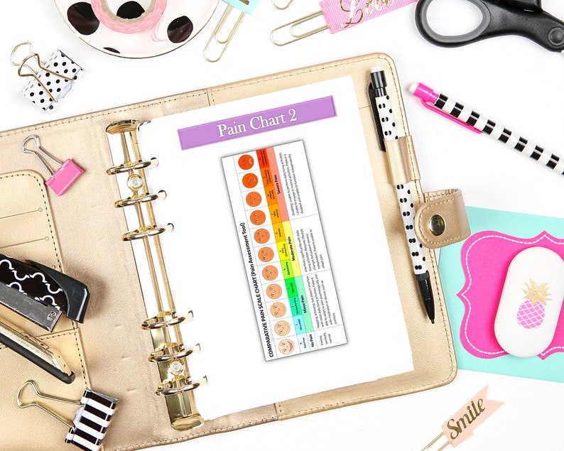 May include: A gold binder with a white page open to a pain chart with the title "Pain Chart 2". The chart features a series of faces with different expressions to indicate pain levels.