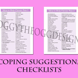 May include: Two checklists with ideas to help manage chronic pain. The first checklist is titled "Ideas to Help Chronic Pain 1" and the second checklist is titled "Ideas to Help Chronic Pain 2". Both checklists have a white background with black text.