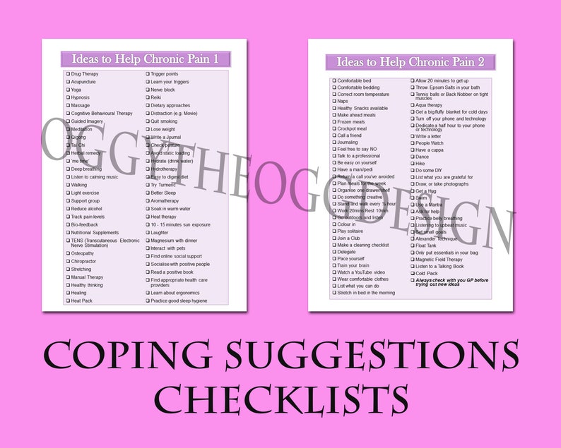 May include: Two checklists with ideas to help manage chronic pain. The first checklist is titled "Ideas to Help Chronic Pain 1" and the second checklist is titled "Ideas to Help Chronic Pain 2". Both checklists have a white background with black text.