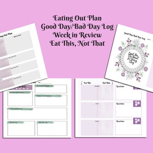 May include: A collection of white paper pages with handwritten text and watercolor-style purple and green accents. The pages include titles such as "Eating Out Plan," "Good Day/Bad Day Log," and "Eat This, Not That."