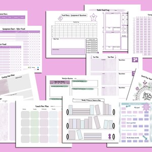 May include: A collection of printable planner pages in shades of purple and white. The pages include food and symptom diaries, symptom charts, daily food logs, energy logs, and goal trackers. The pages are arranged on a pink background.