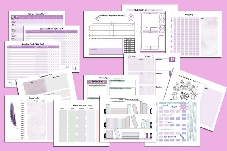 May include: A collection of printable planner pages in shades of purple and white. The pages include food and symptom diaries, symptom charts, daily food logs, energy logs, and goal trackers. The pages are arranged on a pink background.