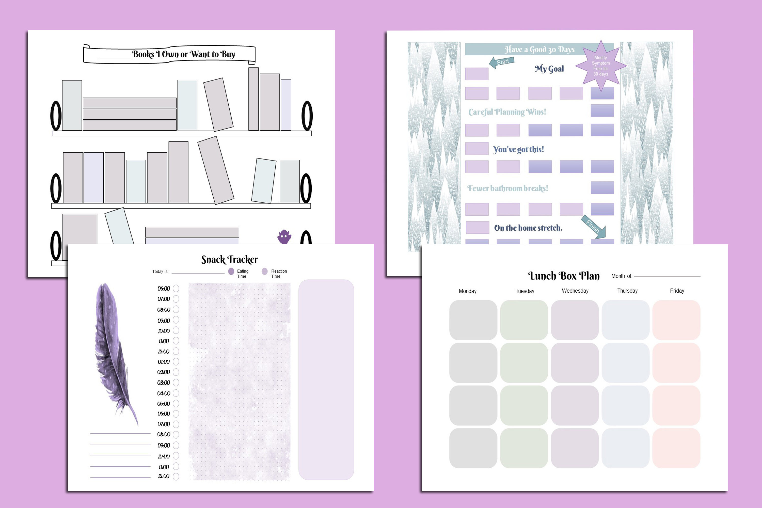 May include: Four printable planner pages with a light purple and teal color scheme. The pages include a bookshelf for tracking books, a daily goal tracker, a snack tracker with a feather graphic, and a lunch box plan.