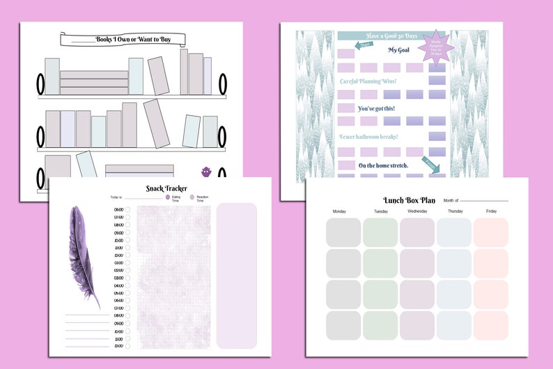 May include: Four printable planner pages with a light purple and teal color scheme. The pages include a bookshelf for tracking books, a daily goal tracker, a snack tracker with a feather graphic, and a lunch box plan.
