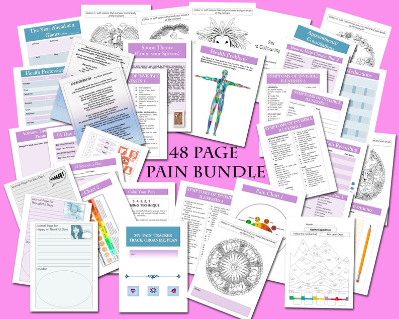 May include: A collection of 48 printable pages for pain management and tracking. The pages feature colorful illustrations, charts, and journaling prompts. The pages are designed to help people track their pain, manage their symptoms, and find ways to cope with chronic pain.