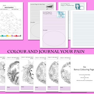 May include: Six black and white coloring pages with a circular design featuring a variety of plants and flowers. The pages are titled "Colour and Journal Your Pain" and include the text "Six Bonus Colouring Pages".