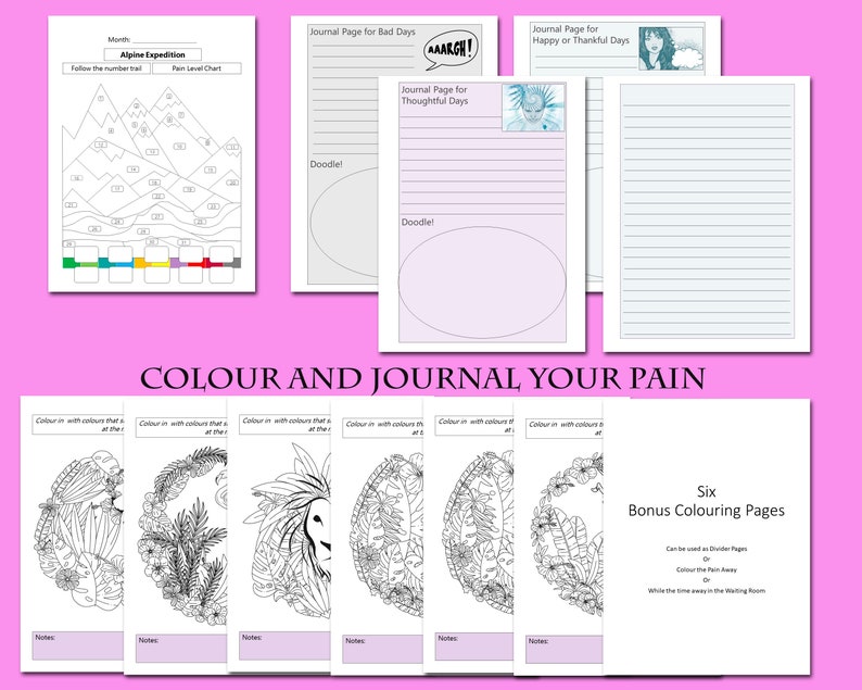 May include: Six black and white coloring pages with a circular design featuring a variety of plants and flowers. The pages are titled "Colour and Journal Your Pain" and include the text "Six Bonus Colouring Pages".