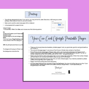 May include: Printable pages for a low carb lifestyle. The pages include a cover page, daily carb tracker, weekly meal planner, and step tracker. The pages are designed to help you stay on track with your low carb goals.