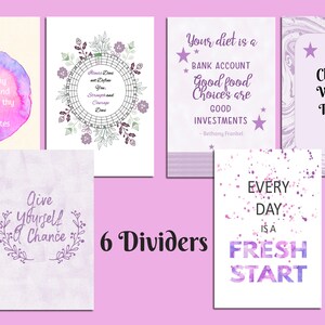 May include: Six decorative dividers with inspirational quotes in purple and white. Quotes include "Let food be thy medicine", "Your diet is a bank account", and "Every day is a fresh start".