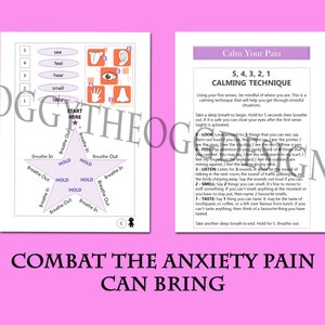 May include: A printable worksheet with a star-shaped diagram and instructions for a calming technique called "5, 4, 3, 2, 1 Calming Technique". The technique uses the five senses to help manage anxiety and stress.