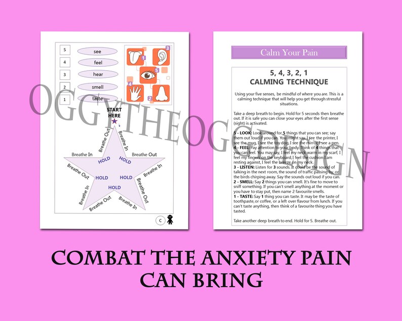 May include: A printable worksheet with a star-shaped diagram and instructions for a calming technique called "5, 4, 3, 2, 1 Calming Technique". The technique uses the five senses to help manage anxiety and stress.